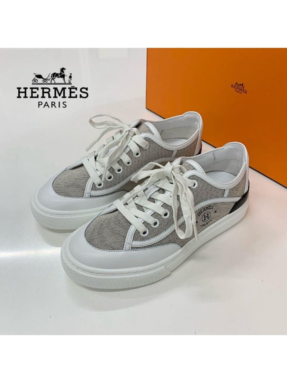 Hermes Get Canvas Leather Logo Sneakers Gray White